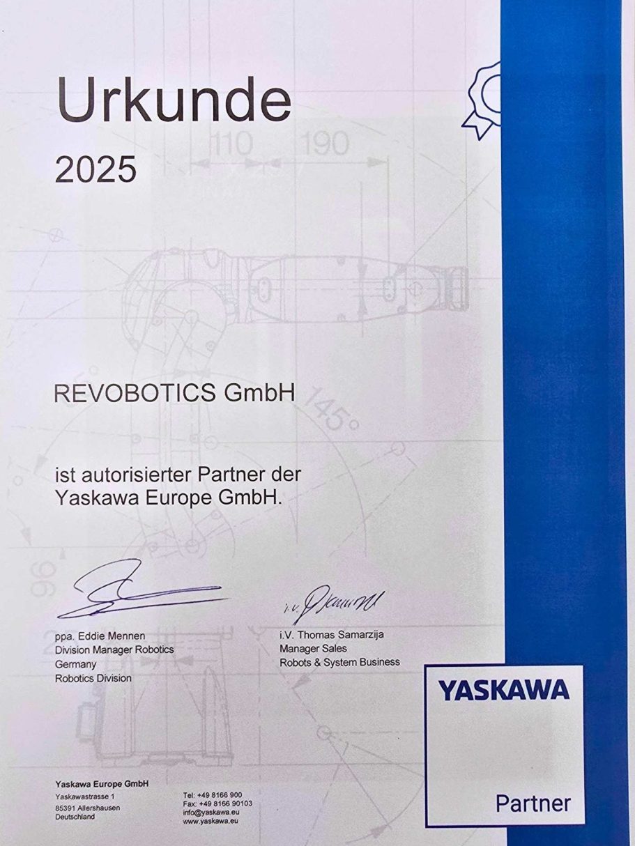 Yaskawa Partner Urkunde 2025 Zertifikat der REVOBOTICS GmbH als Partner der Yaskawa Europe GmbH für 2025.
