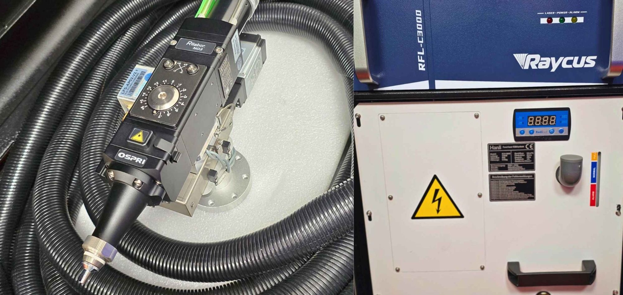 Roboter 3D Laserschneiden Schneidegerät mit Schlauch und Steuerungseinheit auf grauem Hintergrund.
