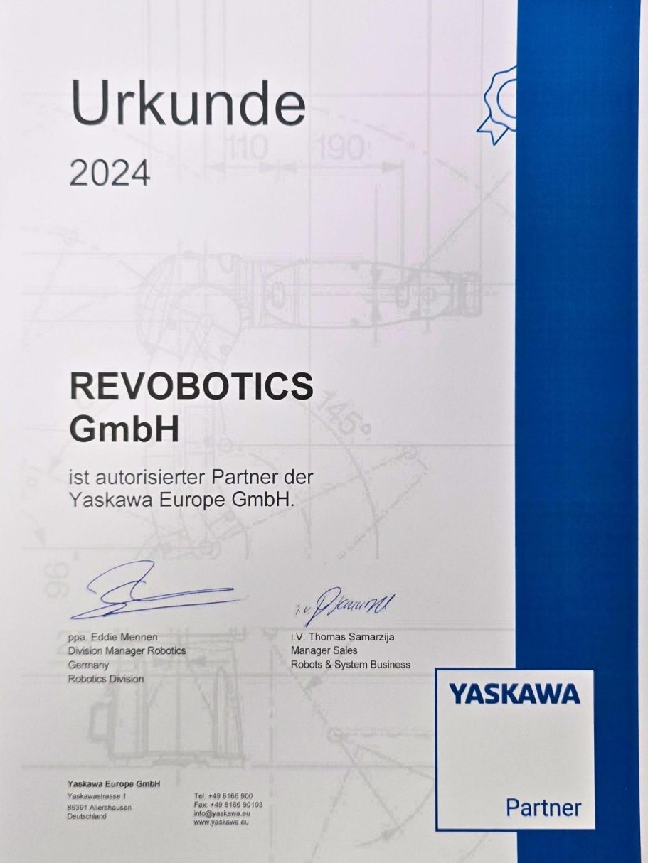 Yaskawa Partner Urkunde 2024 Urkunde 2024 für REVOBOTICS GmbH als autorisierter Partner von Yaskawa.